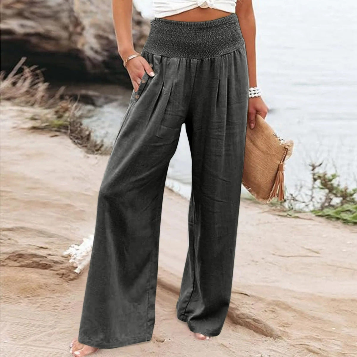Pantalon palazzo ample pour femme à taille haute smockée et poches latérales – pantalon fluide et décontracté pour les vacances d’été et le quotidien
