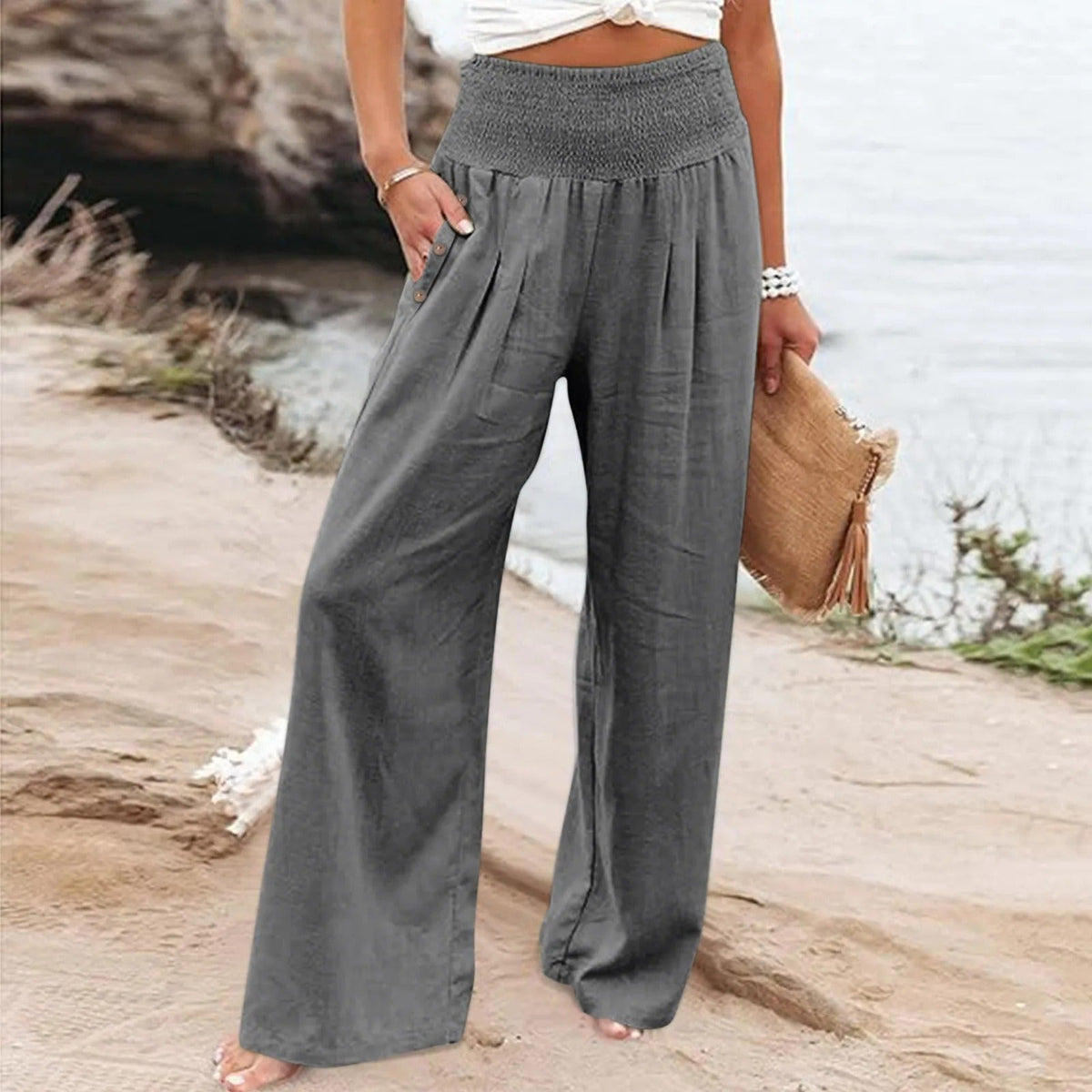 Pantalon palazzo ample pour femme à taille haute smockée et poches latérales – pantalon fluide et décontracté pour les vacances d’été et le quotidien