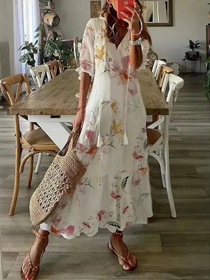 maxi tassel dress Women’s Printed Neck Relaxed Holiday Fit Linen Shirt Collar Dress Designed with a halter UDPackets Size:S/M - Long MAXI (47.2 in | 120 cm)
