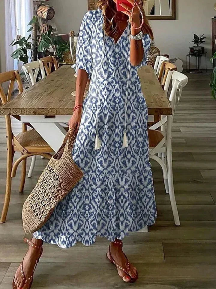 Γυναικείο Μακρύ Φόρεμα με Τύπωμα και Φούντες, Χαλαρή Γραμμή για Διακοπές