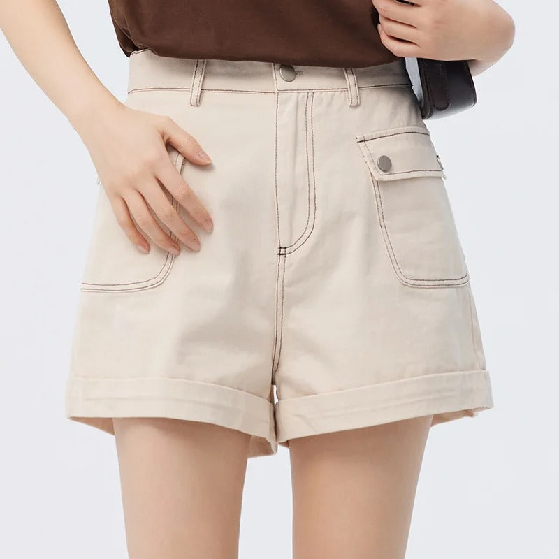 Damen-Shorts aus Baumwolle mit hoher Taille und A-Linien-Schnitt – Sommerstil mit Knopfdetails für lässige Tage, schicke Ausflüge und den Alltag