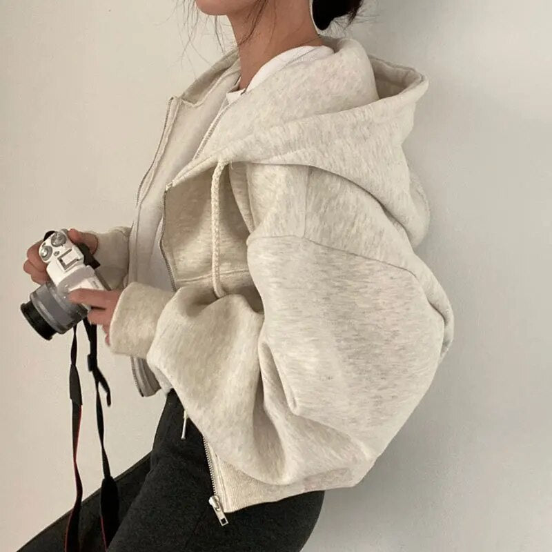 Dames - oversized cropped hoodie met rits, verstelbare capuchon met trekkoord en verlaagde schouders – zachte sweatshirt van katoenmix met lange mouwen, geribbelde zoom en ontspannen boxy fit voor casual streetwear en dagelijks dragen in laagjes