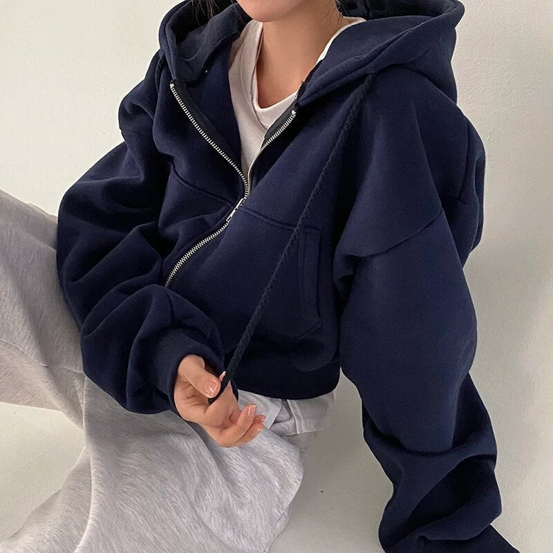 Dames - oversized cropped hoodie met rits, verstelbare capuchon met trekkoord en verlaagde schouders – zachte sweatshirt van katoenmix met lange mouwen, geribbelde zoom en ontspannen boxy fit voor casual streetwear en dagelijks dragen in laagjes
