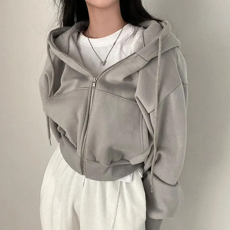 Dames - oversized cropped hoodie met rits, verstelbare capuchon met trekkoord en verlaagde schouders – zachte sweatshirt van katoenmix met lange mouwen, geribbelde zoom en ontspannen boxy fit voor casual streetwear en dagelijks dragen in laagjes