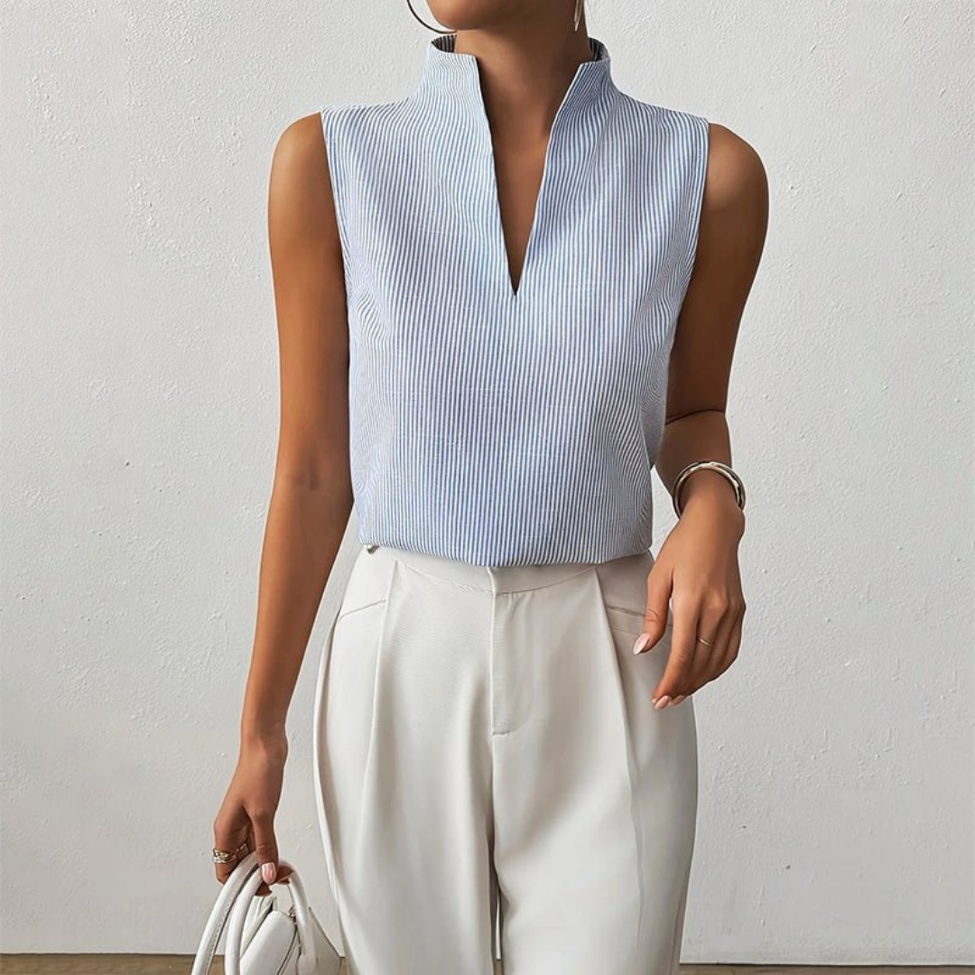 Women’s Stand-Collar Blouse – Sleeveless Striped Summer Top for Office and Everyday Wear