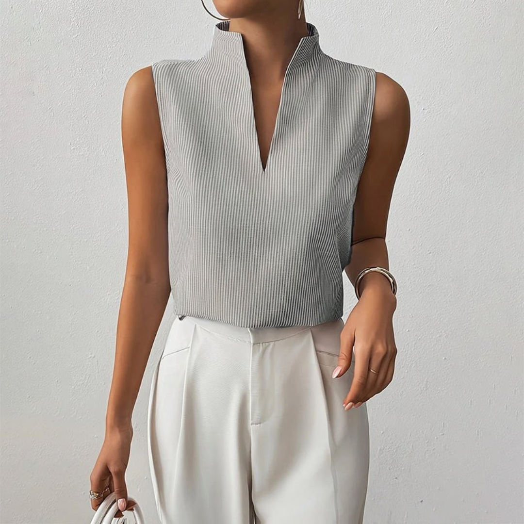 Women’s Stand-Collar Blouse – Sleeveless Striped Summer Top for Office and Everyday Wear