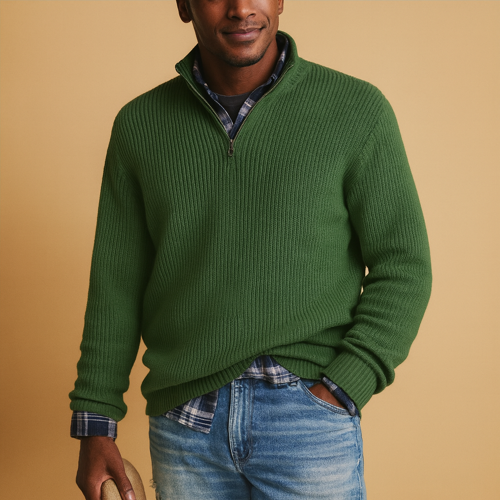 Strikket uldtrøje til mænd med kvart lynlås - varm ribstrikket sweater med høj krave til smart-casual kontorbrug, weekender og hverdagsbrug om vinteren