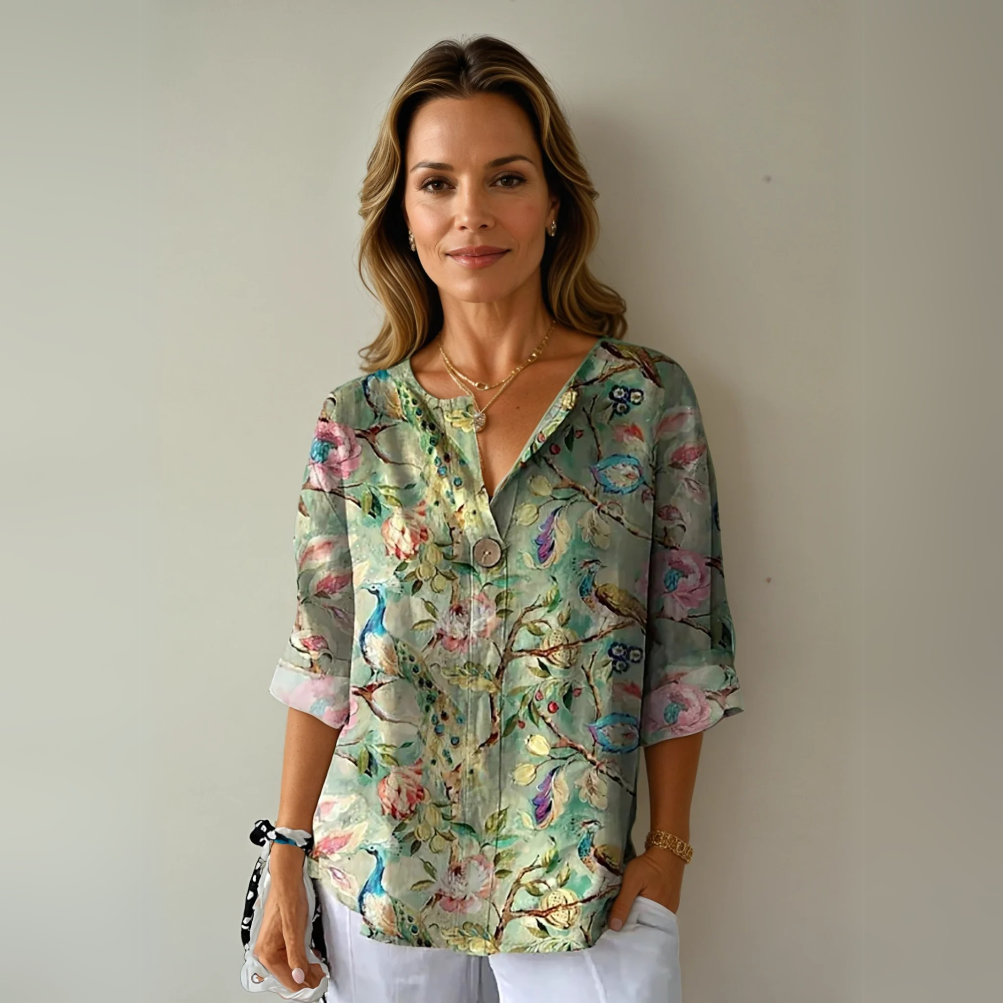 Damebluse med tryk og V-hals – Let sommertop til daglig brug og ferie