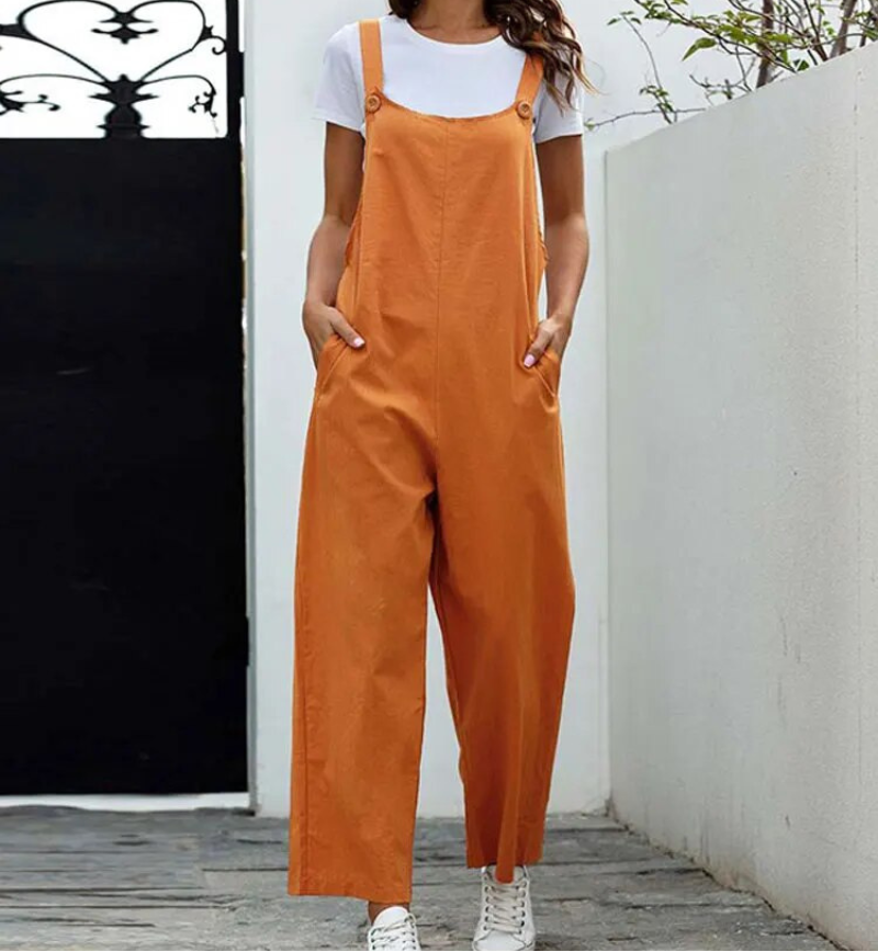 Women's Relaxed Wide Leg Dungaree Jumpsuit with Scoop Back – Sleeveless Casual Overalls for Everyday Layering