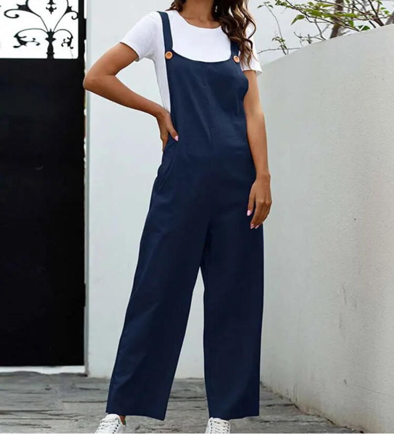 Women's Relaxed Wide Leg Dungaree Jumpsuit with Scoop Back – Sleeveless Casual Overalls for Everyday Layering