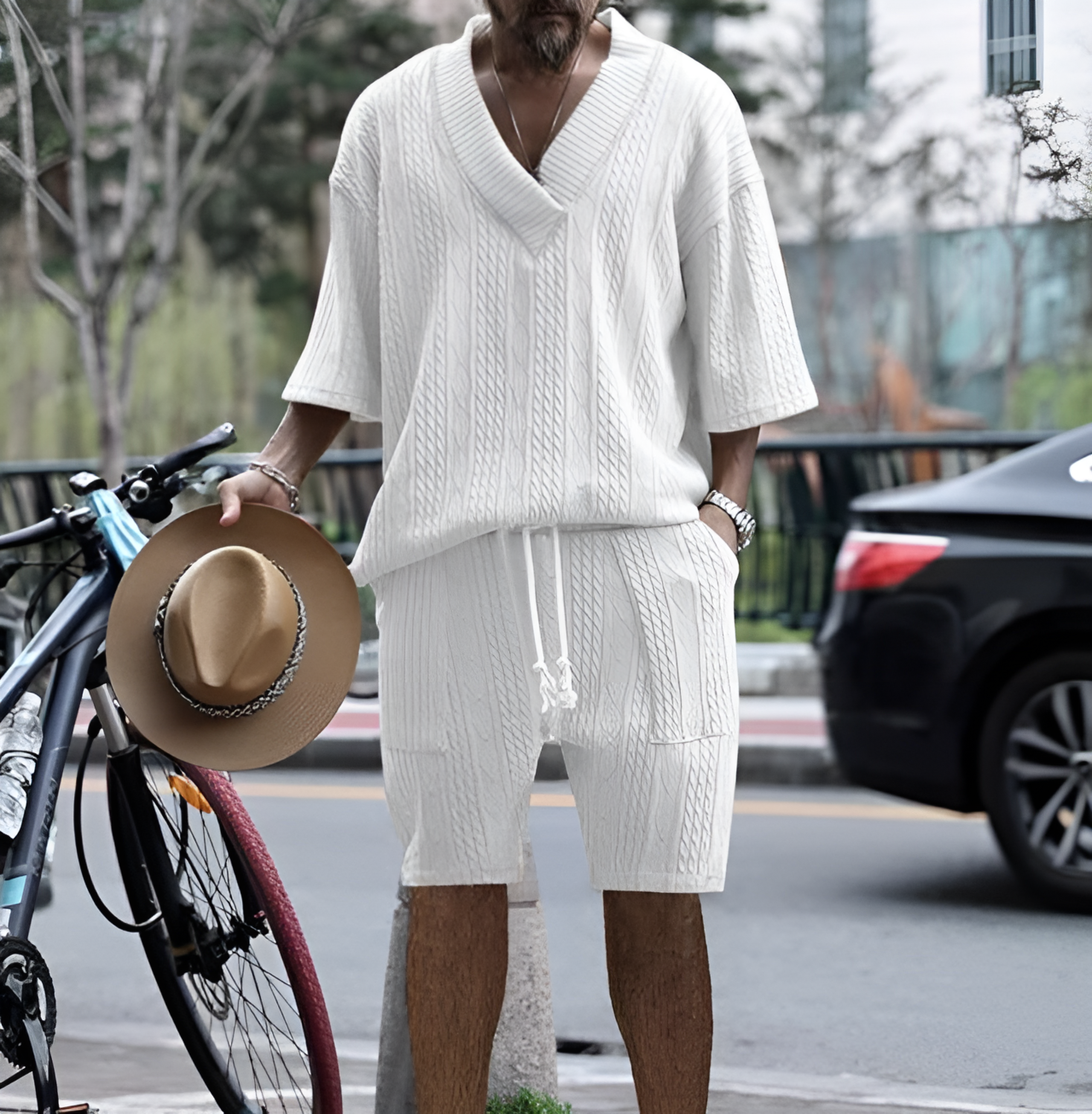 Herre tekstureret oversized lounge sommer shorts sæt