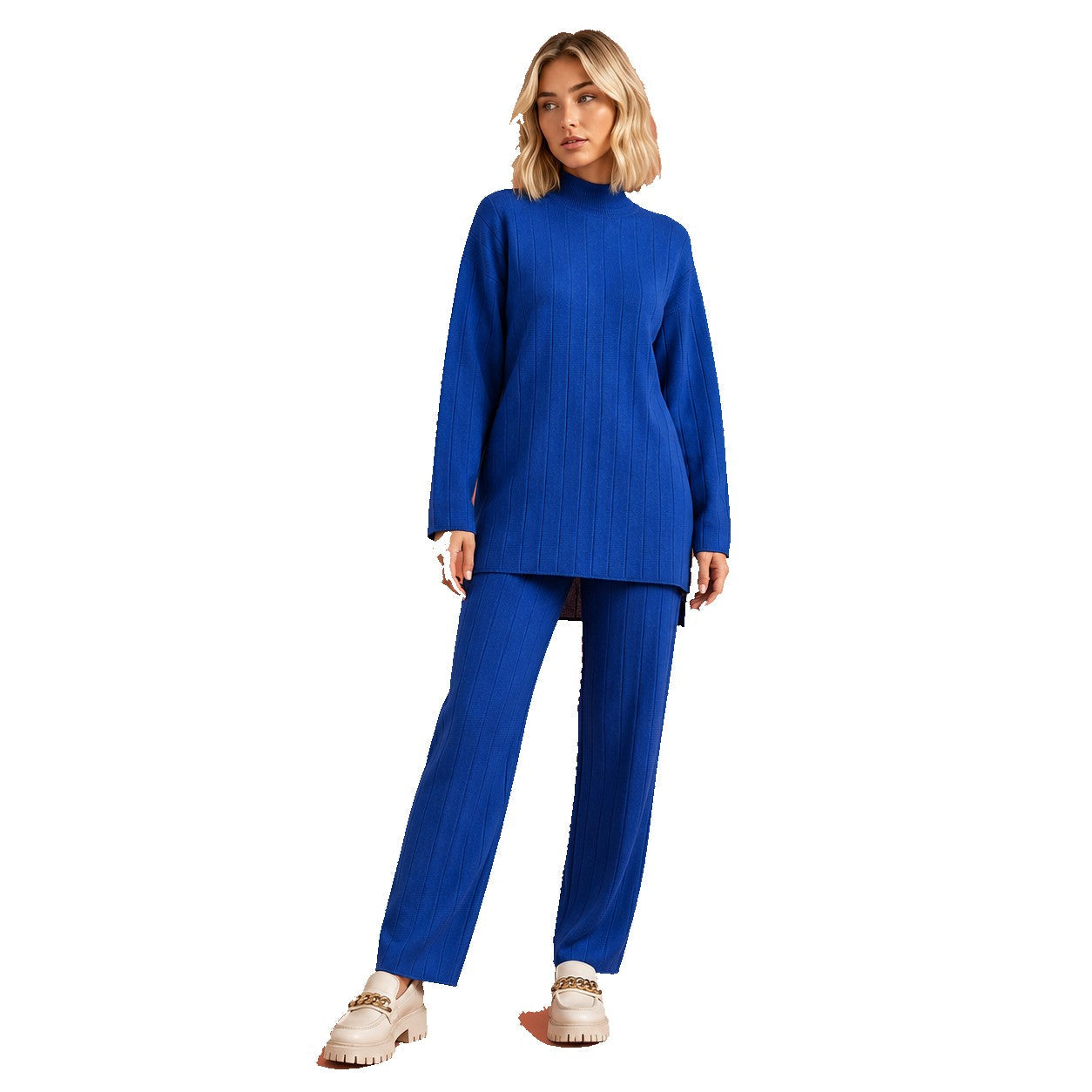 Women’s Ribbed Lounge Set Mock Neck Wide Leg Trousers