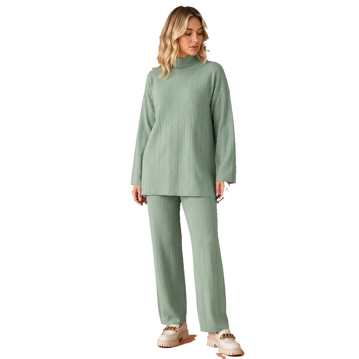 Women’s Ribbed Lounge Set Mock Neck Wide Leg Trousers