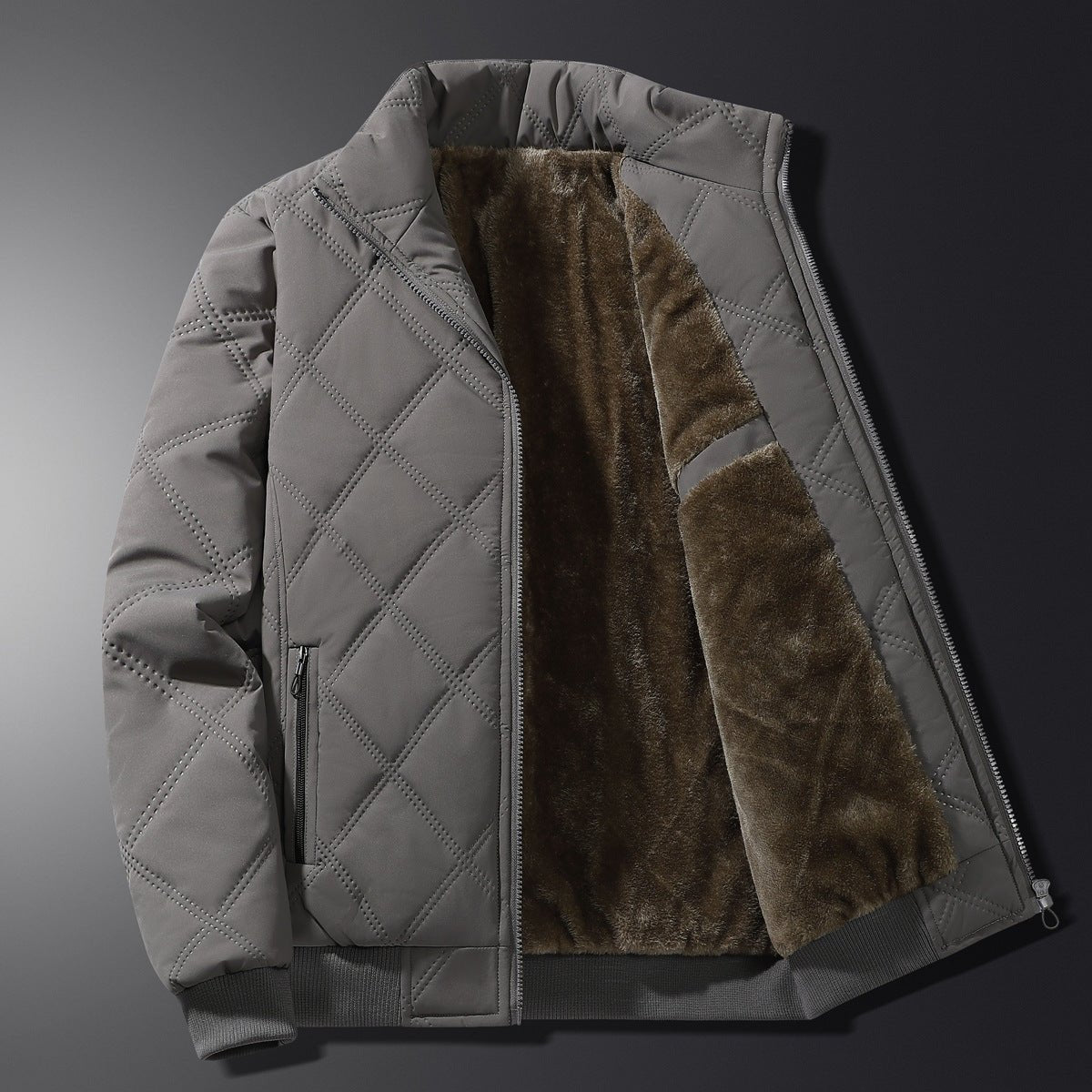 Men’s Diamond-Quilted Winter Jacket – Fleece-Lined Zip-Up Coat with Stand Collar and Secure Pockets for Everyday Wear