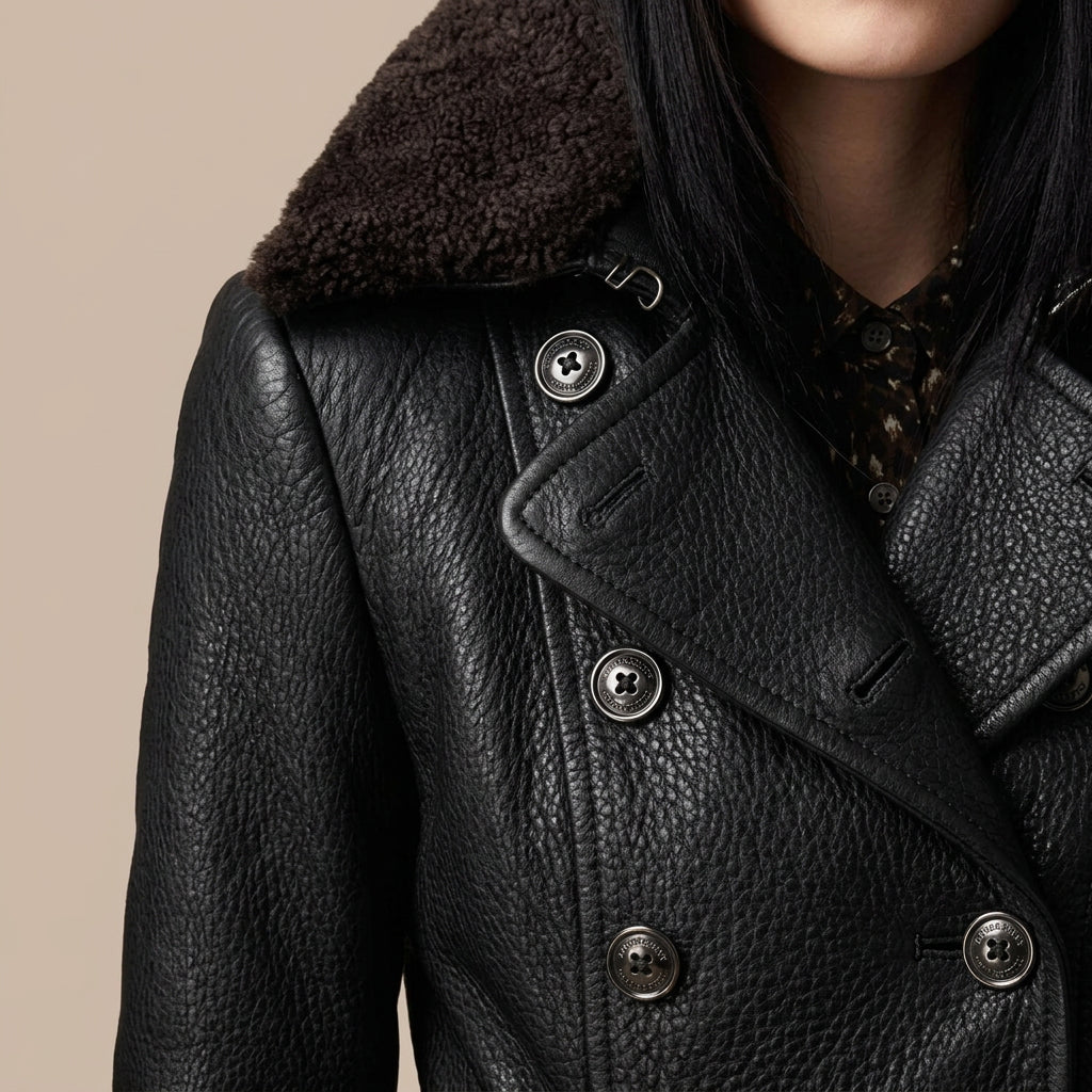 Women's Elegant Double-Breasted Leather Coat with Plush Fur Collar and Tailored Longline Fit – Classic Button Front Winter Outerwear with Textured Finish for Sophisticated Smart Casual and Evening Wear