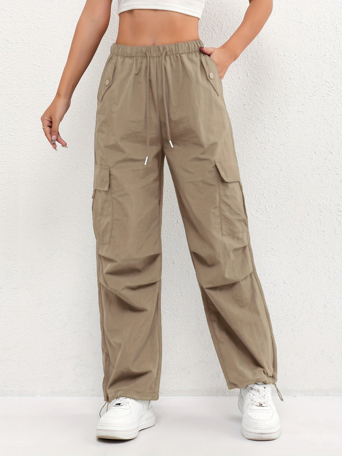 Pantaloni cargo leggeri da donna a vita alta - modello comodo a gamba dritta con coulisse e tasche funzionali per viaggi estivi e look casual quotidiani