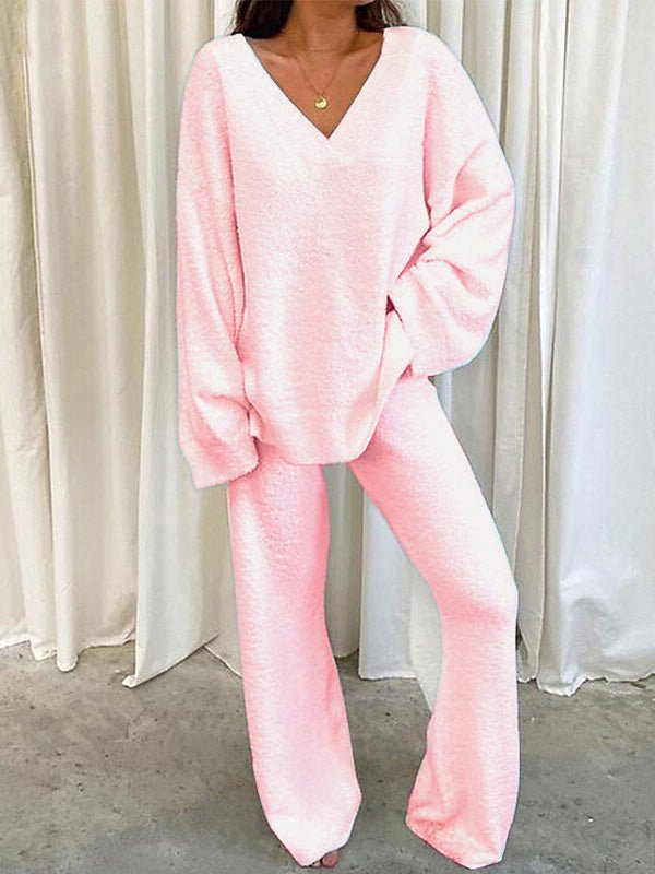 Women’s Soft V-Neck Lounge Set – Slouchy Long-Sleeve Top with Flowing Wide-Leg Trousers for Autumn and Winter