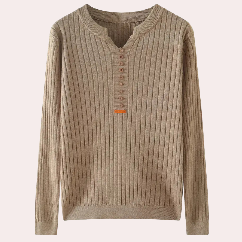 Suéter de punto acanalado para mujer con cuello en V y tapeta de botones