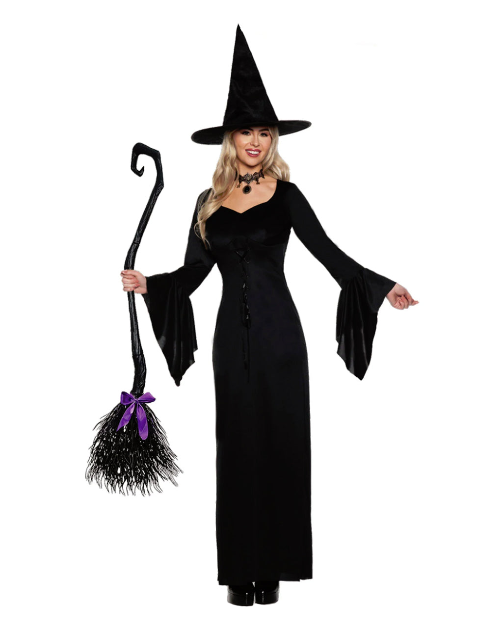 Dámský černý čarodějnický kostým s šněrováním a kloboukem na Halloween