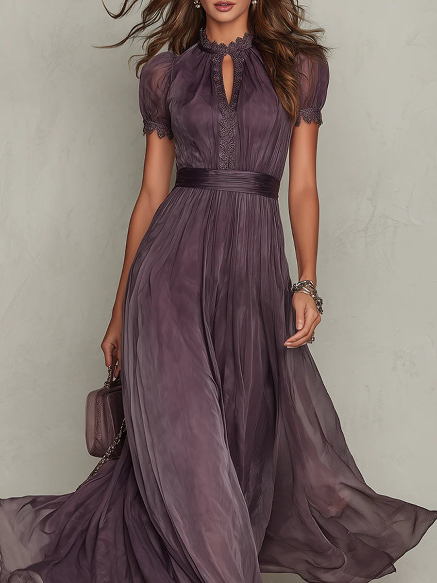 Dámské maxi šaty s krajkovým lemem a nařaseným pasem pro slavnostní příležitosti