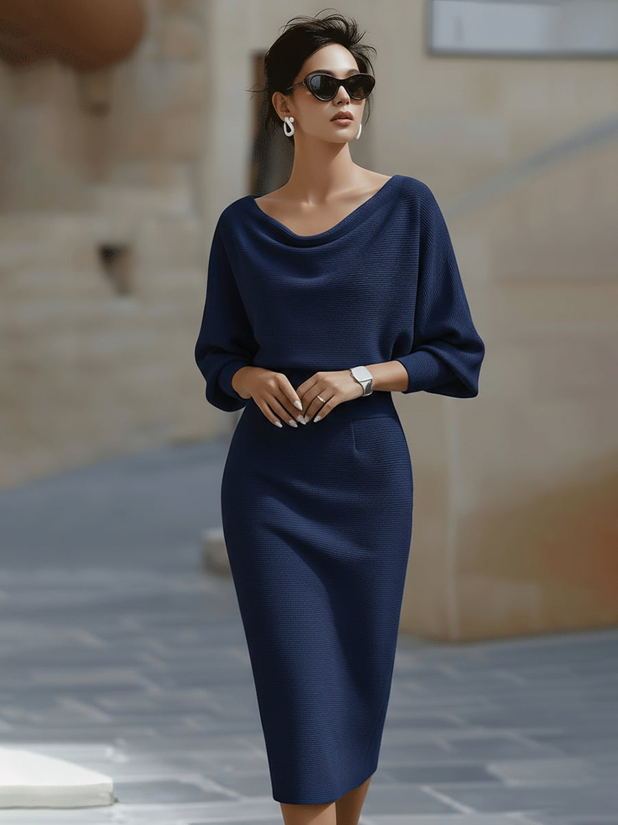 Women’s Draped Neck Midi Bodycon Dress – Batwing Sleeve Wedding Guest Style