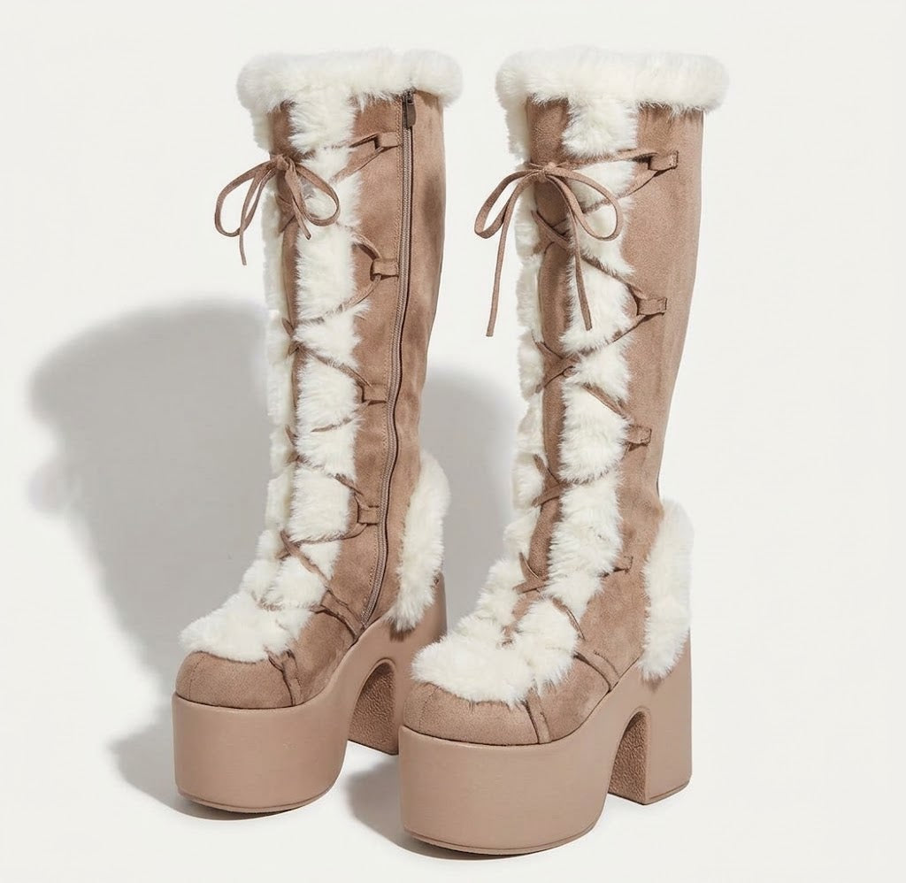 Damen-Schneestiefel aus Wildleder mit Plateau und kniehohem Schaft – winterliche Schnürstiefel mit kuscheligem Futter und Blockabsatz