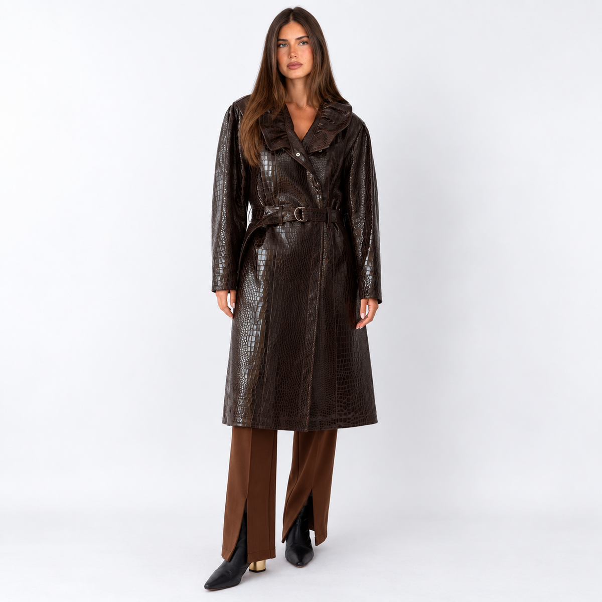 Women’s Genuine Leather Trench Coat with Wide Buckled Belt – Long Relaxed Silhouette and Statement Collar for Autumn City Dressing