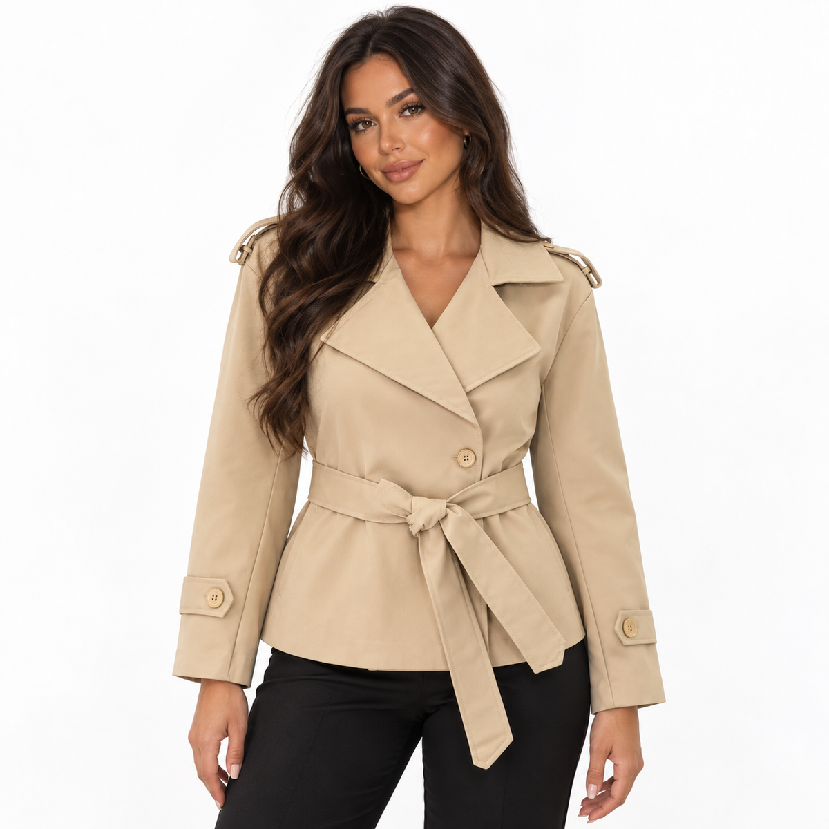 Trench corto doppiopetto da donna - Capo morbido con cintura per look casual eleganti e uso quotidiano nei periodi di transizione