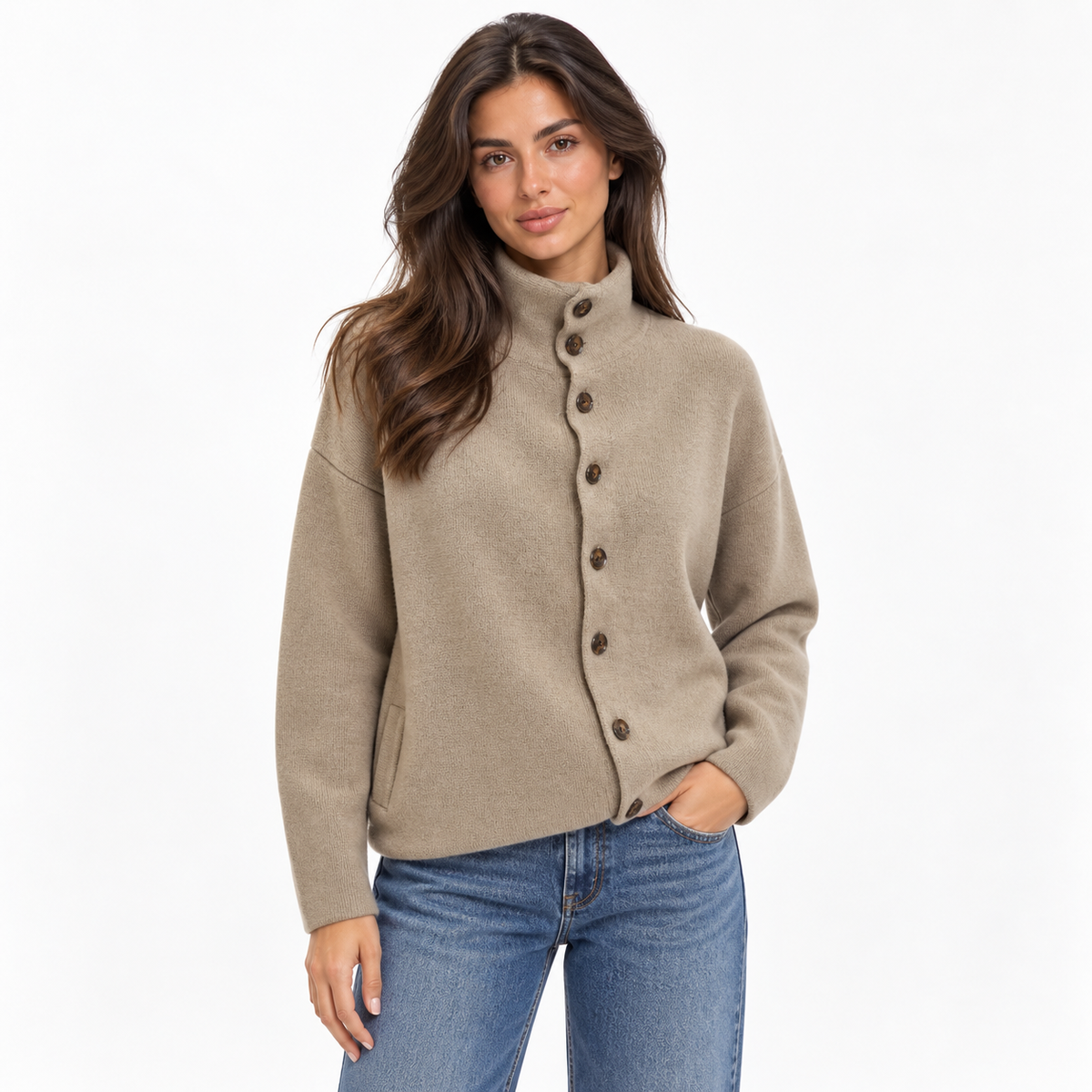 Cárdigan de punto para mujer con cuello mao y botones - capa holgada de manga larga para los días informales de otoño e invierno y un estilo elegante para el día a día