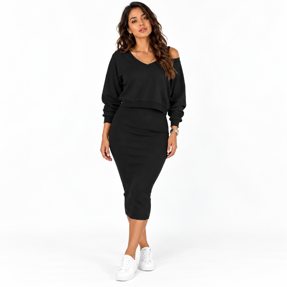 Women’s Knitted Two-Piece Dress Set – V-Neck Long-Sleeve Sweater and Fitted Midi Dress for Smart Casual Wear