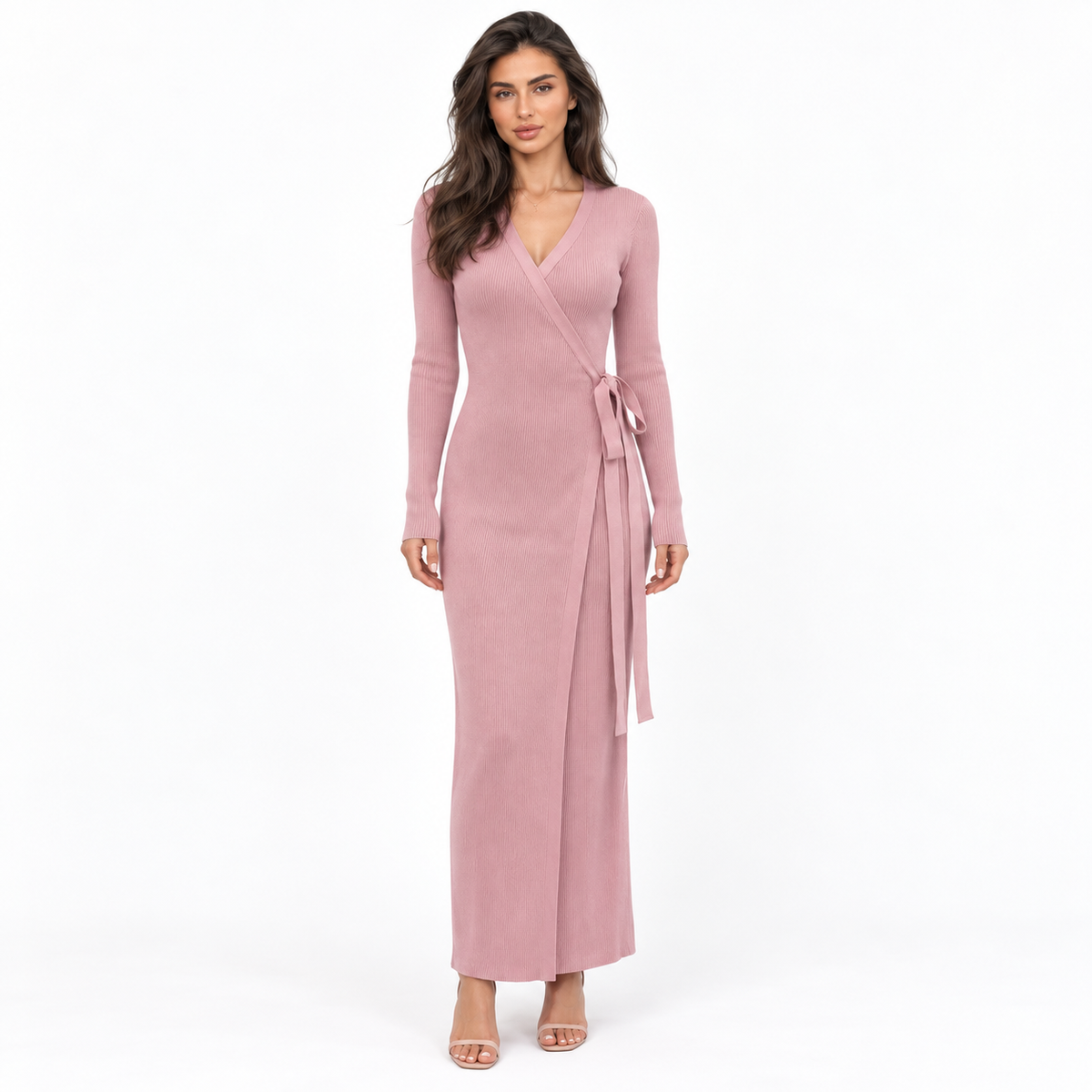 Vestido maxi de malha de manga comprida para senhora – Estilo justo, com decote em V e frente transpassada, para um visual casual elegante e noites