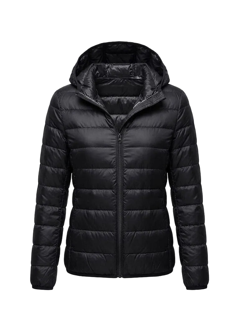 Casaco acolchoado leve com capuz para mulher – camada prática e compactável para o dia a dia em viagens de inverno
