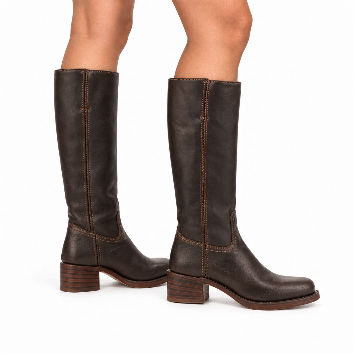 Botas camperas hasta la rodilla para mujer - Estilo de punta cuadrada y tacón bajo ancho para los días informales de otoño e invierno y los conjuntos sofisticados de diario