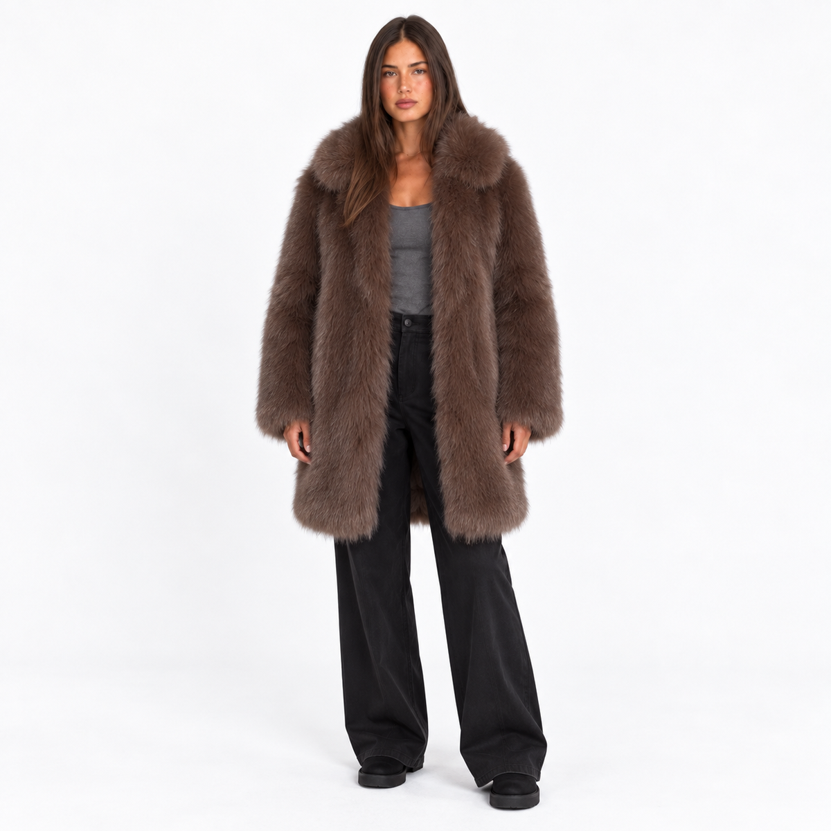 Casaco feminino de comprimento médio em pelo sintético - camada de inverno macia com lapelas largas para ocasiões smart casual e à noite