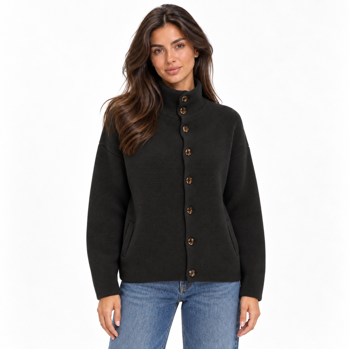 Cárdigan de punto para mujer con cuello mao y botones - capa holgada de manga larga para los días informales de otoño e invierno y un estilo elegante para el día a día