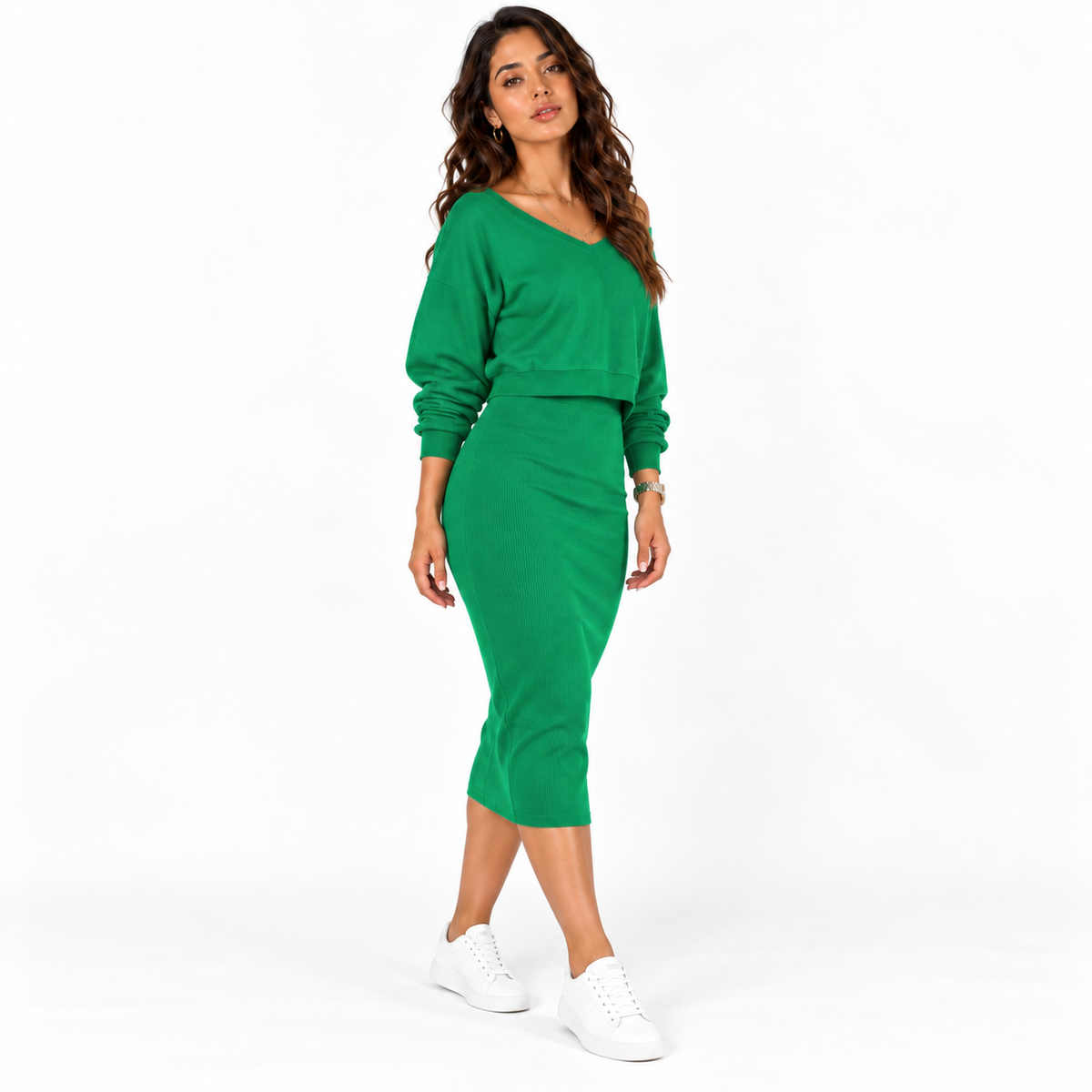 Women’s Knitted Two-Piece Dress Set – V-Neck Long-Sleeve Sweater and Fitted Midi Dress for Smart Casual Wear
