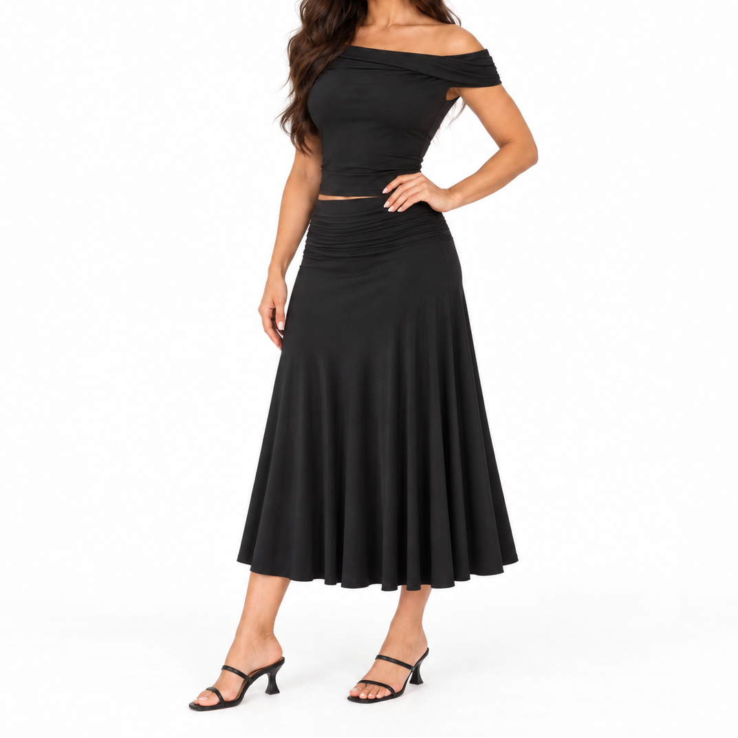 Conjunto de falda midi de dos piezas para mujer con hombros descubiertos - estilo drapeado entallado para tardes elegantes y ocasiones sociales distinguidas