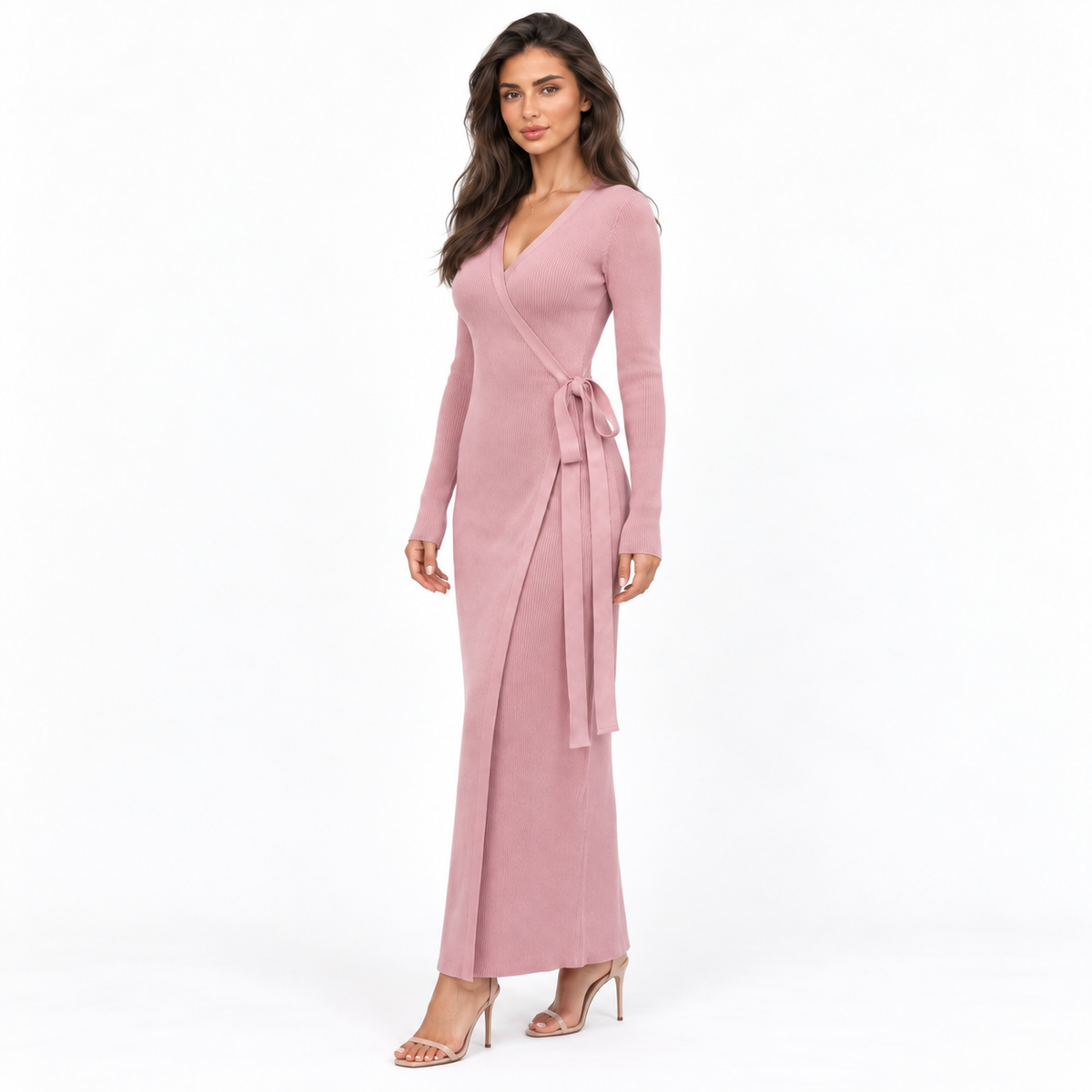 Vestido maxi de malha de manga comprida para senhora – Estilo justo, com decote em V e frente transpassada, para um visual casual elegante e noites