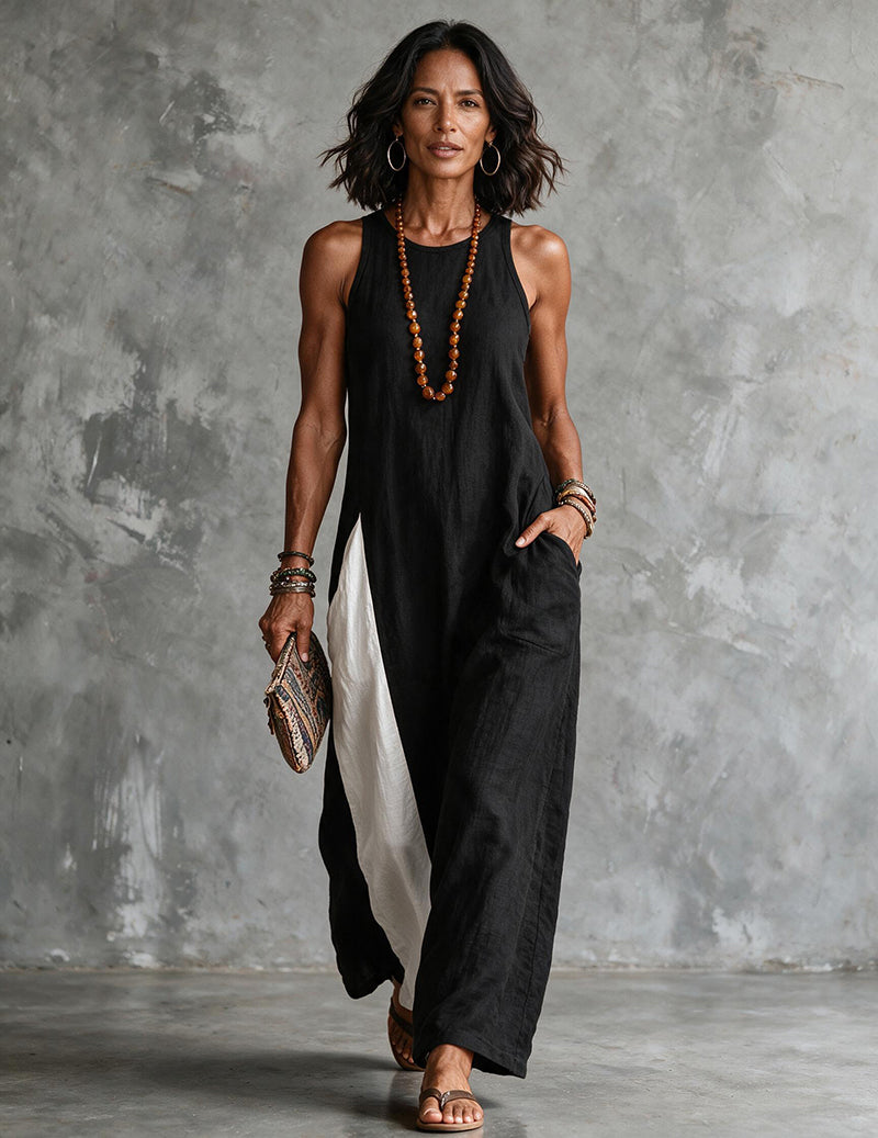 Vestido Maxi de Linho e Algodão para Mulher com Blocos de Cor