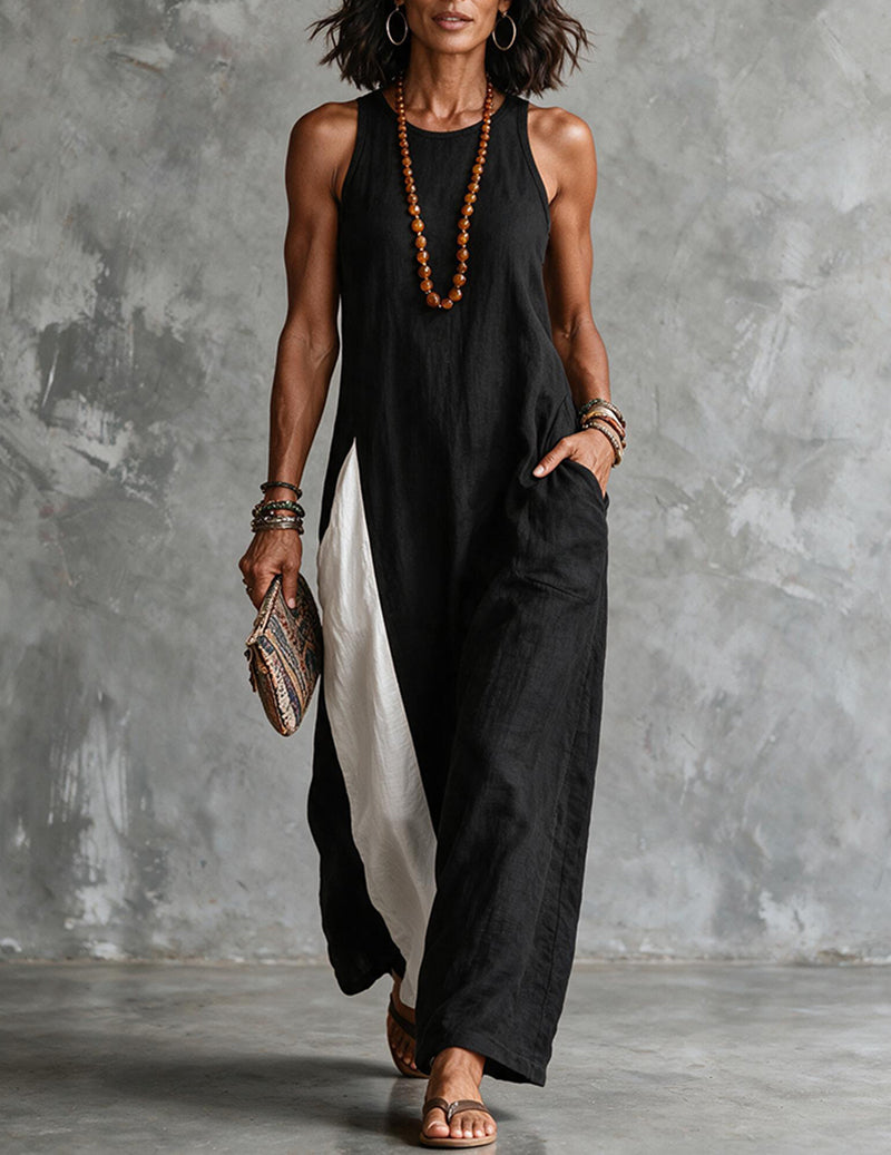 Vestido Maxi de Linho e Algodão para Mulher com Blocos de Cor