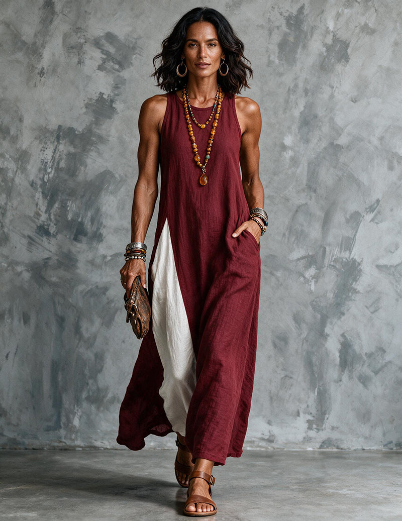 Vestido Maxi de Linho e Algodão para Mulher com Blocos de Cor