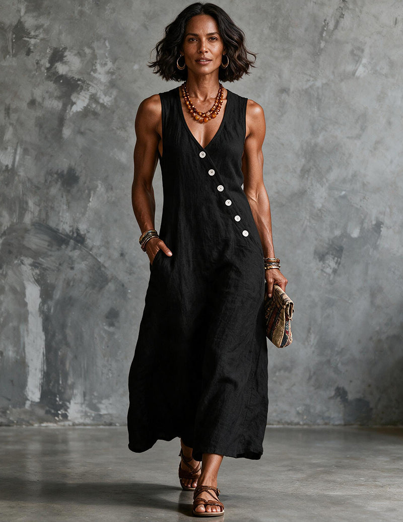 Vestito midi da donna in lino senza maniche con scollo a V