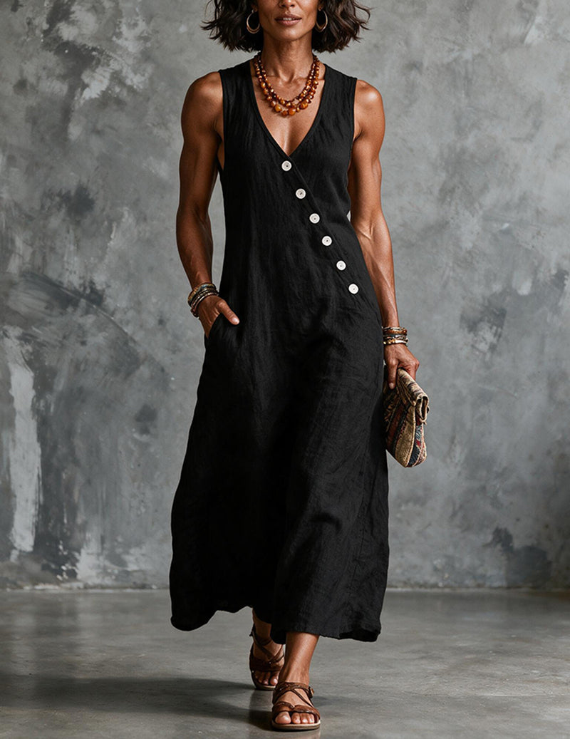 Vestito midi da donna in lino senza maniche con scollo a V