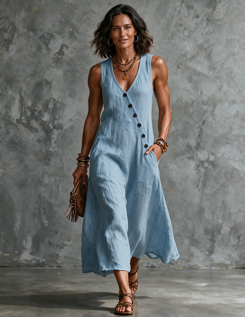 Vestito midi da donna in lino senza maniche con scollo a V