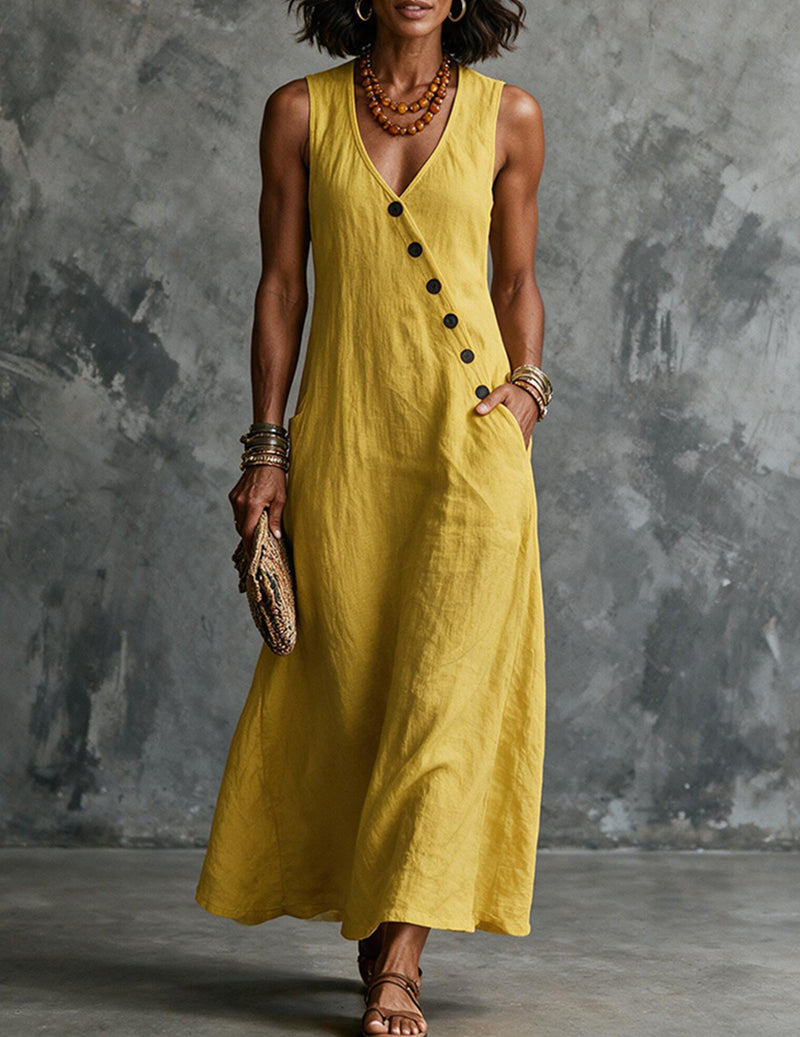 Vestito midi da donna in lino senza maniche con scollo a V