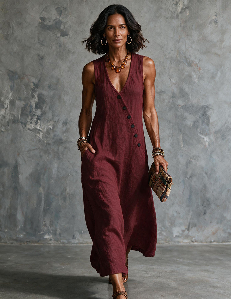 Vestito midi da donna in lino senza maniche con scollo a V