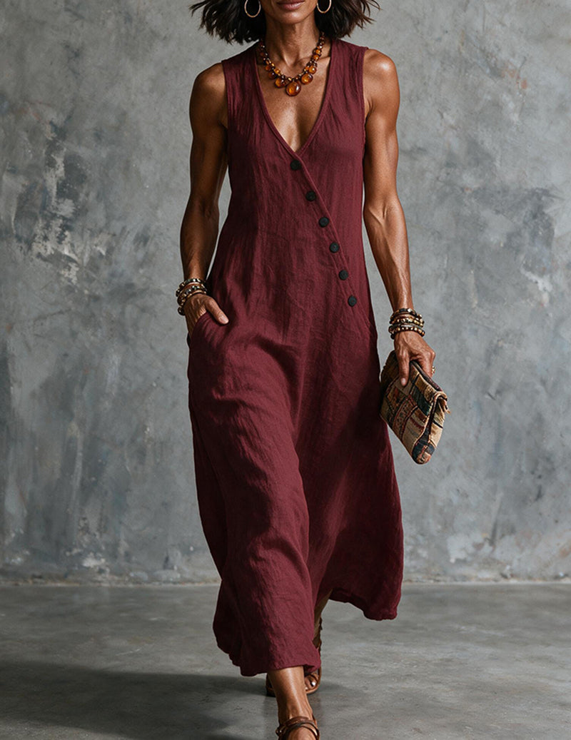 Vestito midi da donna in lino senza maniche con scollo a V