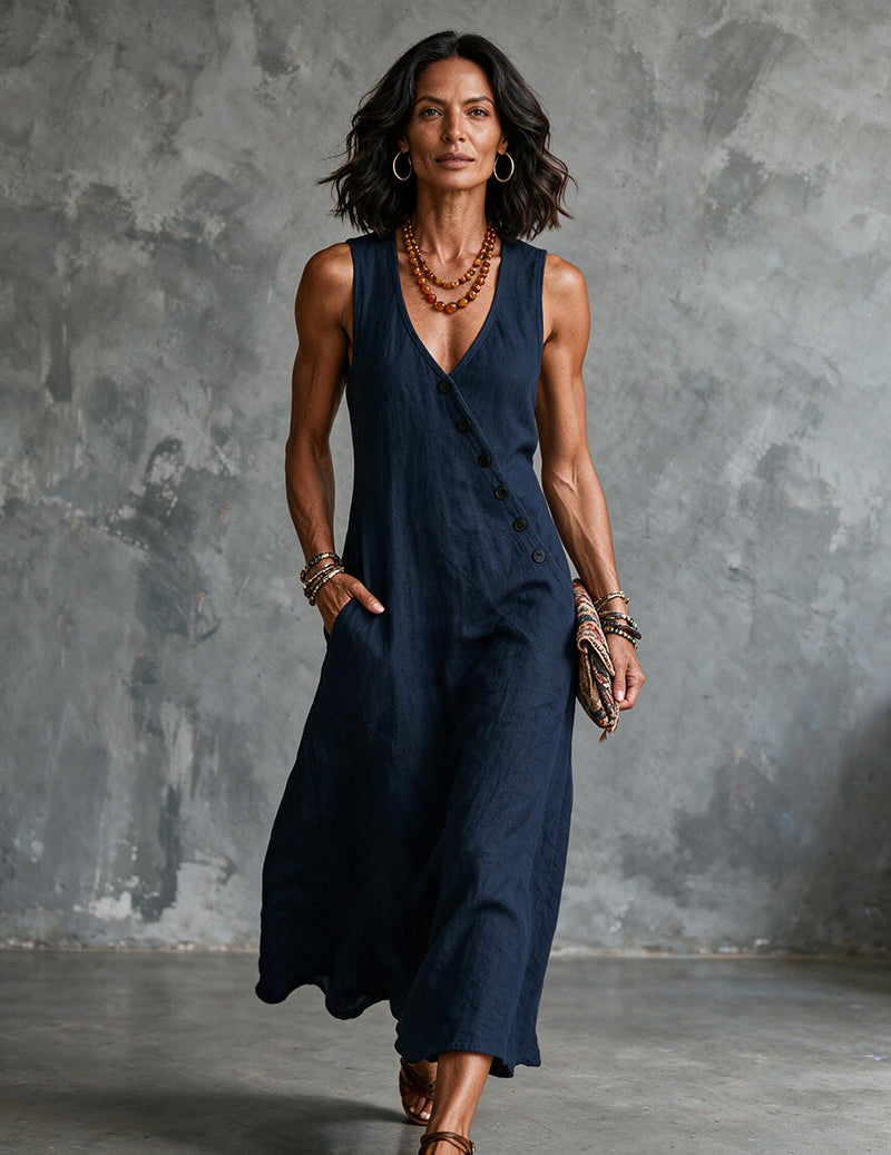 Vestito midi da donna in lino senza maniche con scollo a V