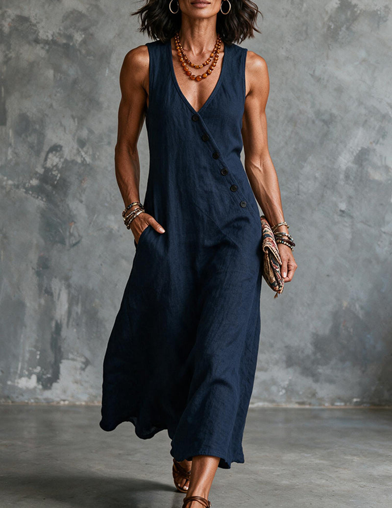 Vestito midi da donna in lino senza maniche con scollo a V