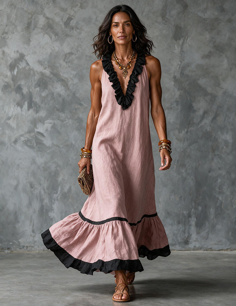 Women’s Sleeveless Maxi Dress with Ruffle Trim Neckline